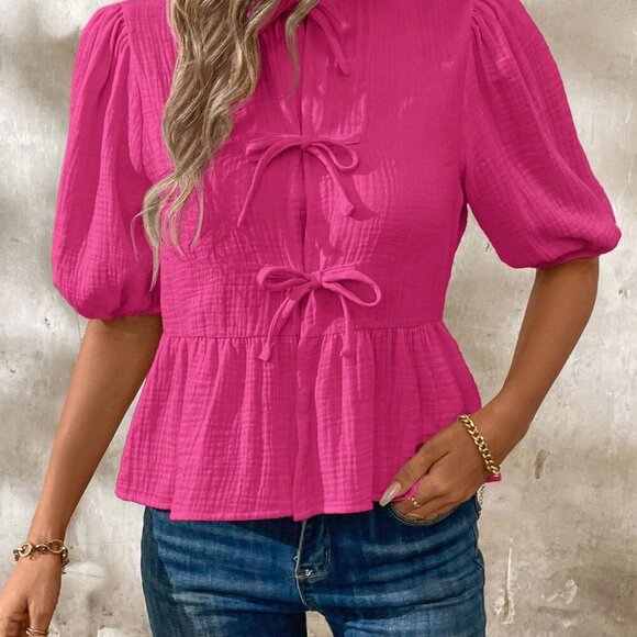 Hot Pink Cute Women's Tie Front Crop Top With Puff Sleeves & Ruffle Hem - Picture 1 of 6
